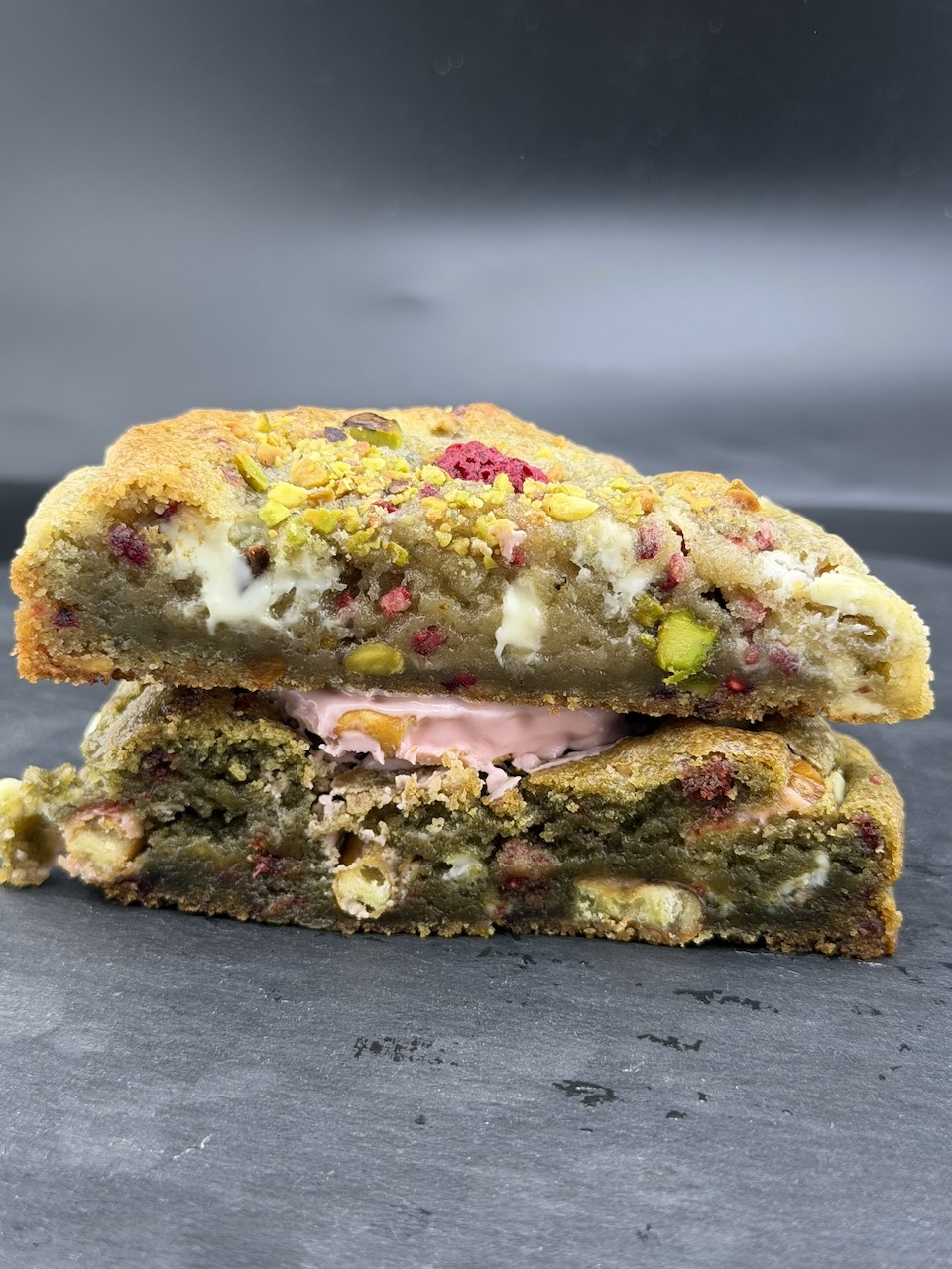 Raspberry pistachio cookie cross-section